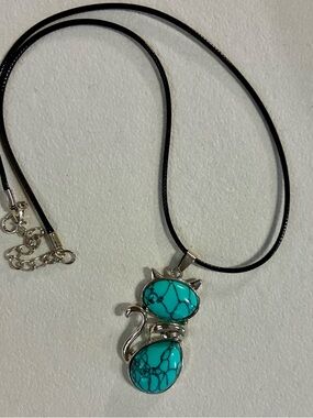 Turquoise Cat Pendant Necklace with Black Cord - Women Jewelry
